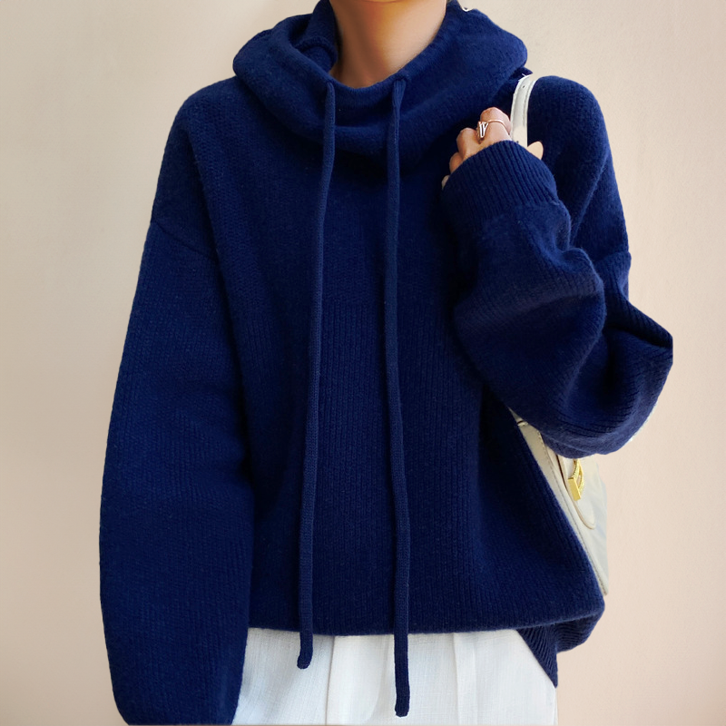 Damen Hoodie Rollkragen Rippstruktur Einfarbig