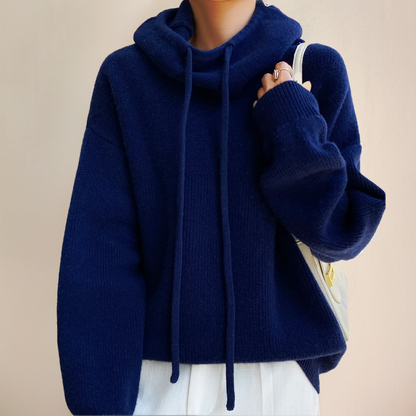 Damen Hoodie Rollkragen Rippstruktur Einfarbig