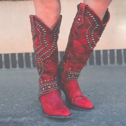 Eveloria Damen Cowboy Stiefel Leder Optik Spitz Nieten