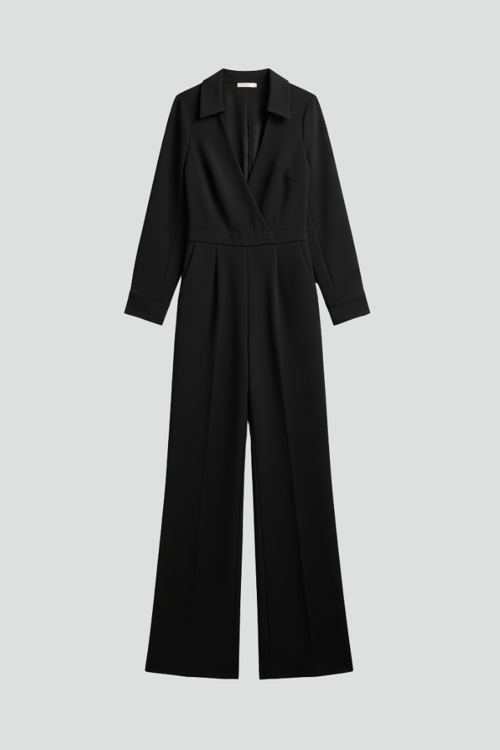 Damen Jumpsuit Kragen Wide-Leg Tailliert Schwarz - Eveloria