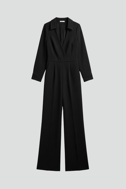 Damen Jumpsuit Kragen Wide-Leg Tailliert Schwarz - Eveloria