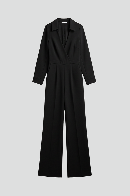 Damen Jumpsuit Kragen Wide-Leg Tailliert Schwarz - Eveloria