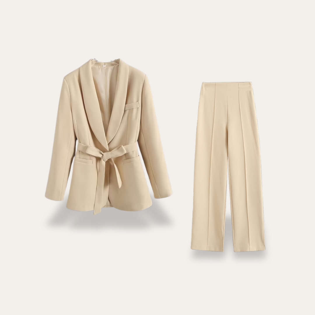Damen Blazer Set mit Gürtel und Weitbein-Hosen Zweiteiler