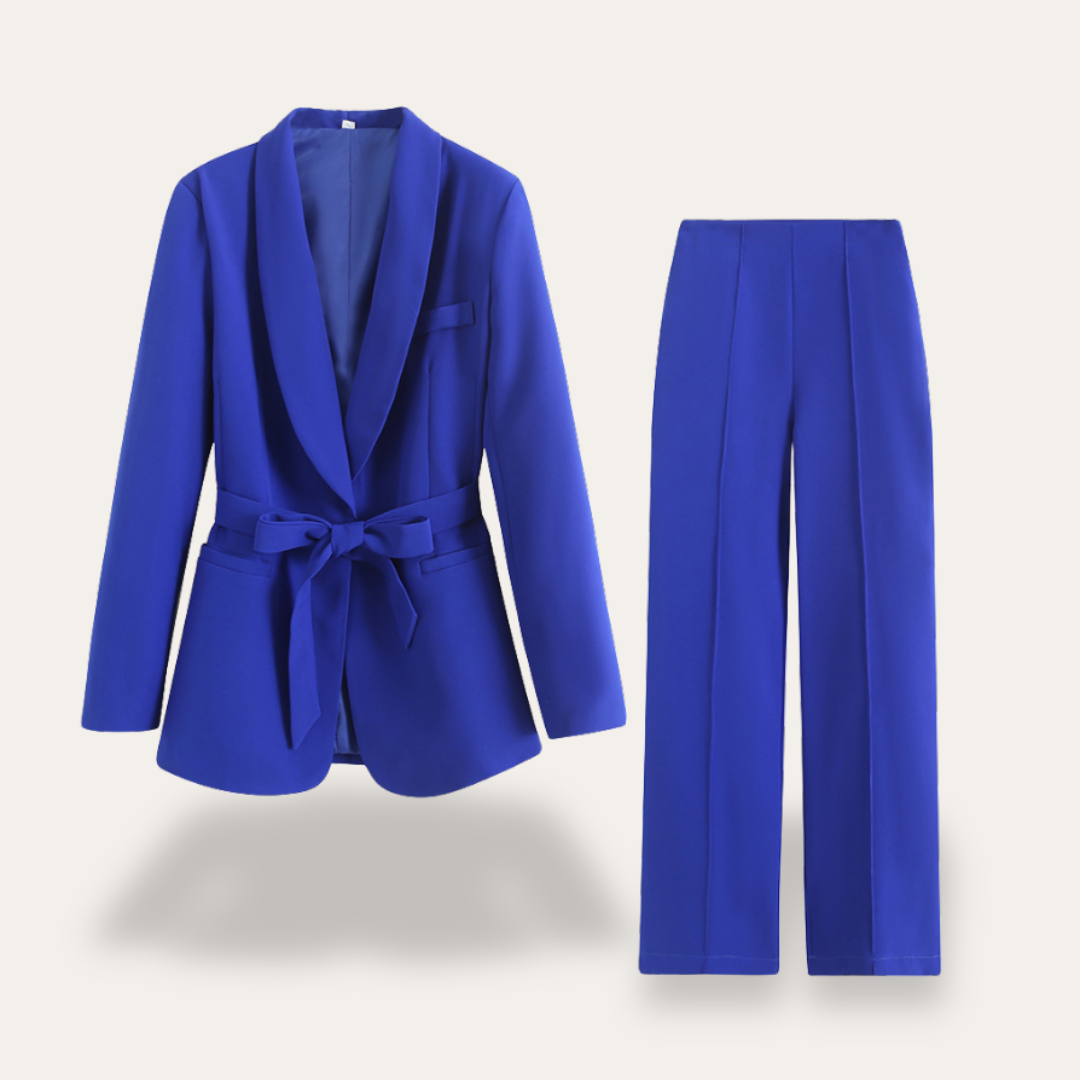 Damen Blazer Set mit Gürtel und Weitbein-Hosen Zweiteiler