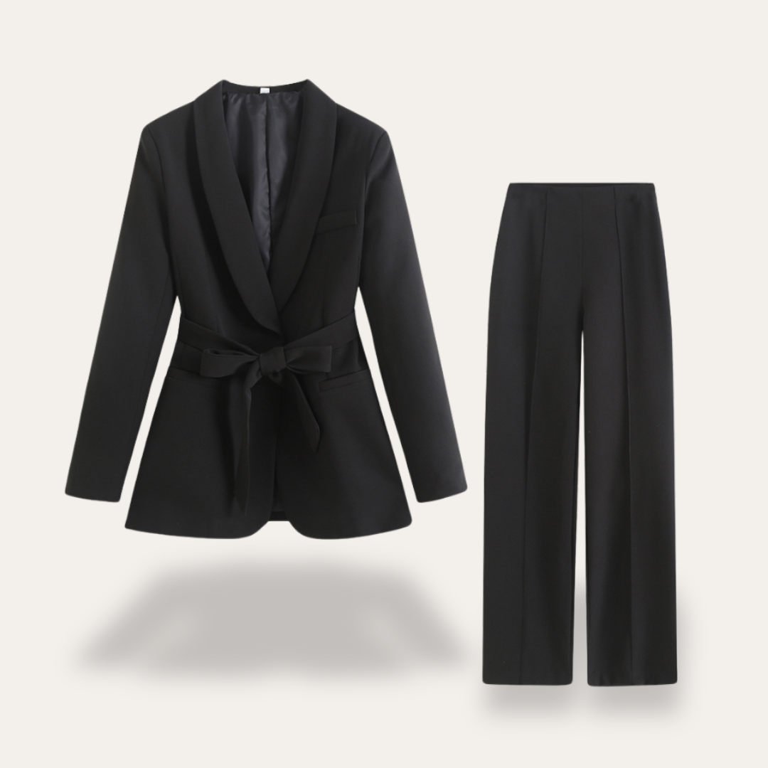 Damen Blazer Set mit Gürtel und Weitbein-Hosen Zweiteiler