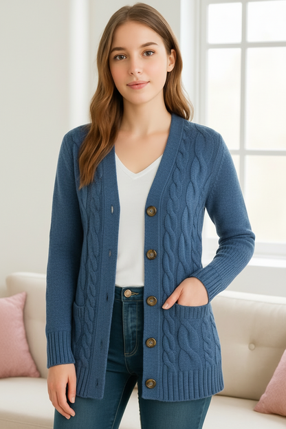 Damen Strickcardigan Zopfmuster Beige - Eveloria