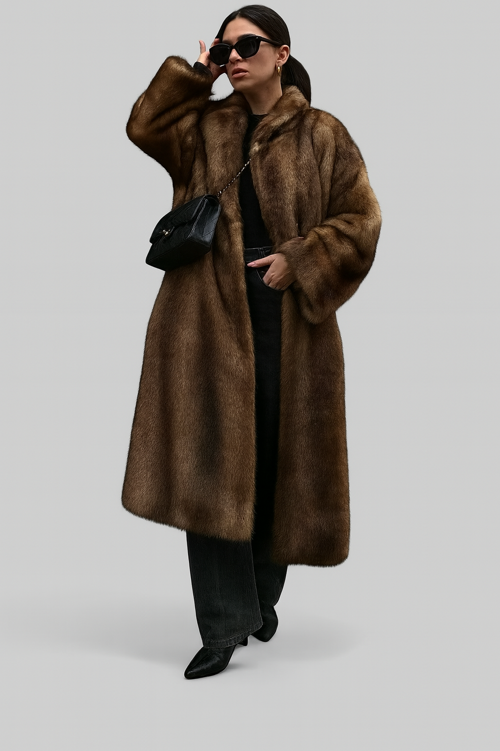 Damen Faux-Fur-Mantel Dunkelbraun Lang - Eveloria