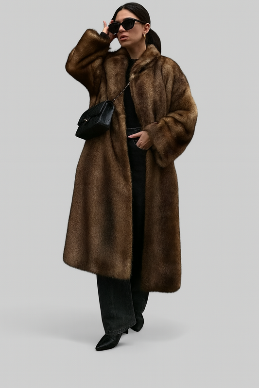 Damen Faux-Fur-Mantel Dunkelbraun Lang - Eveloria