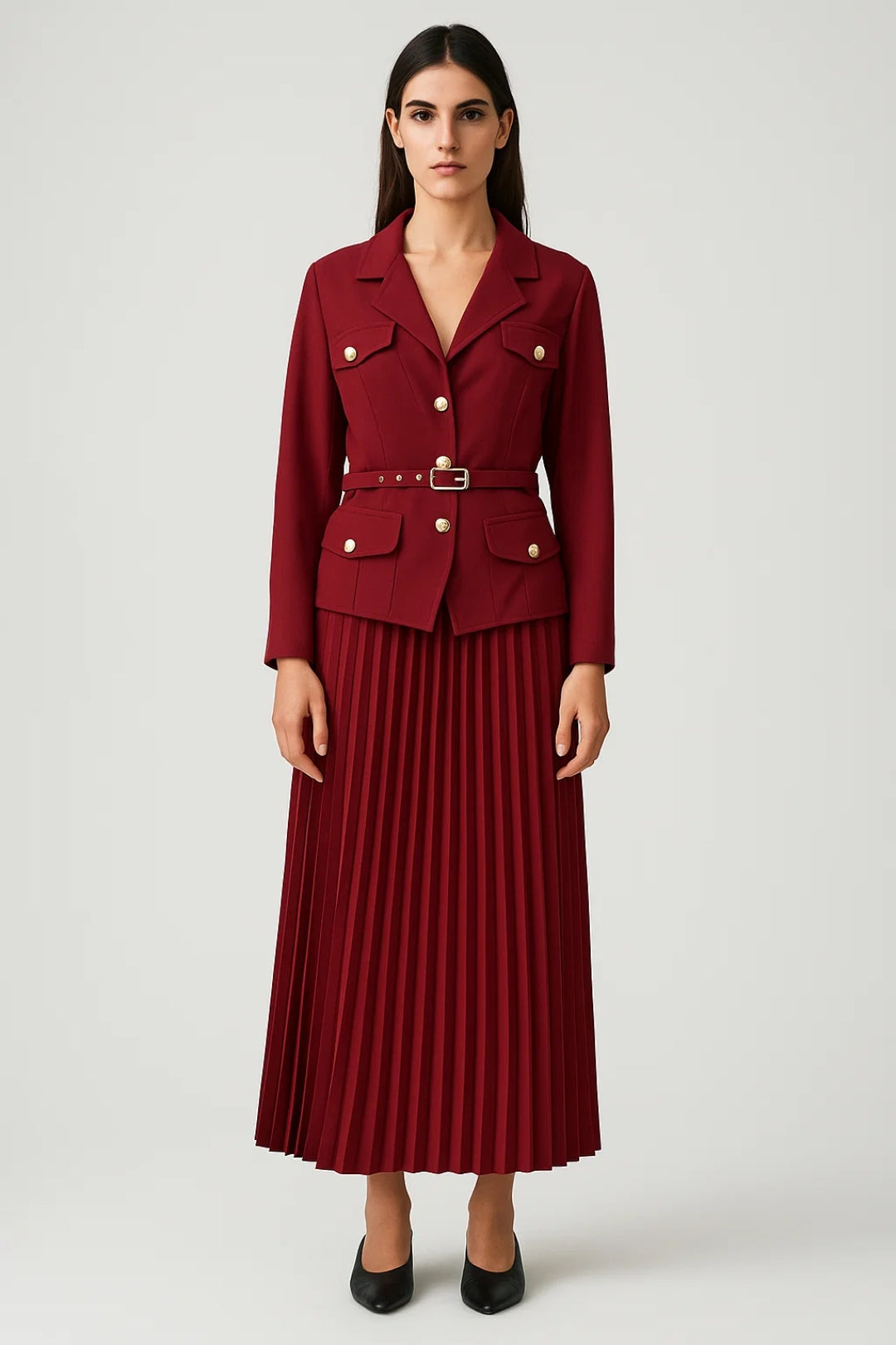 Damen Zweireihiger Blazer Set Faltenrock - Eveloria