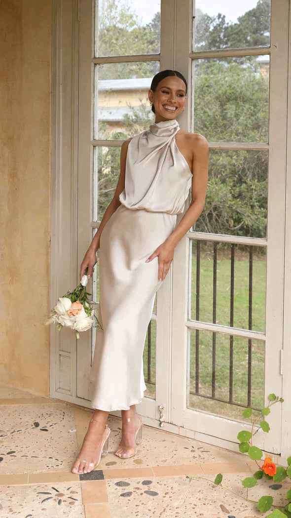 Damen Elegantes Midi-Kleid mit Neckholder und Drapiertem Ausschnitt - Eveloria