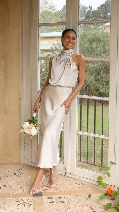 Damen Elegantes Midi-Kleid mit Neckholder und Drapiertem Ausschnitt - Eveloria