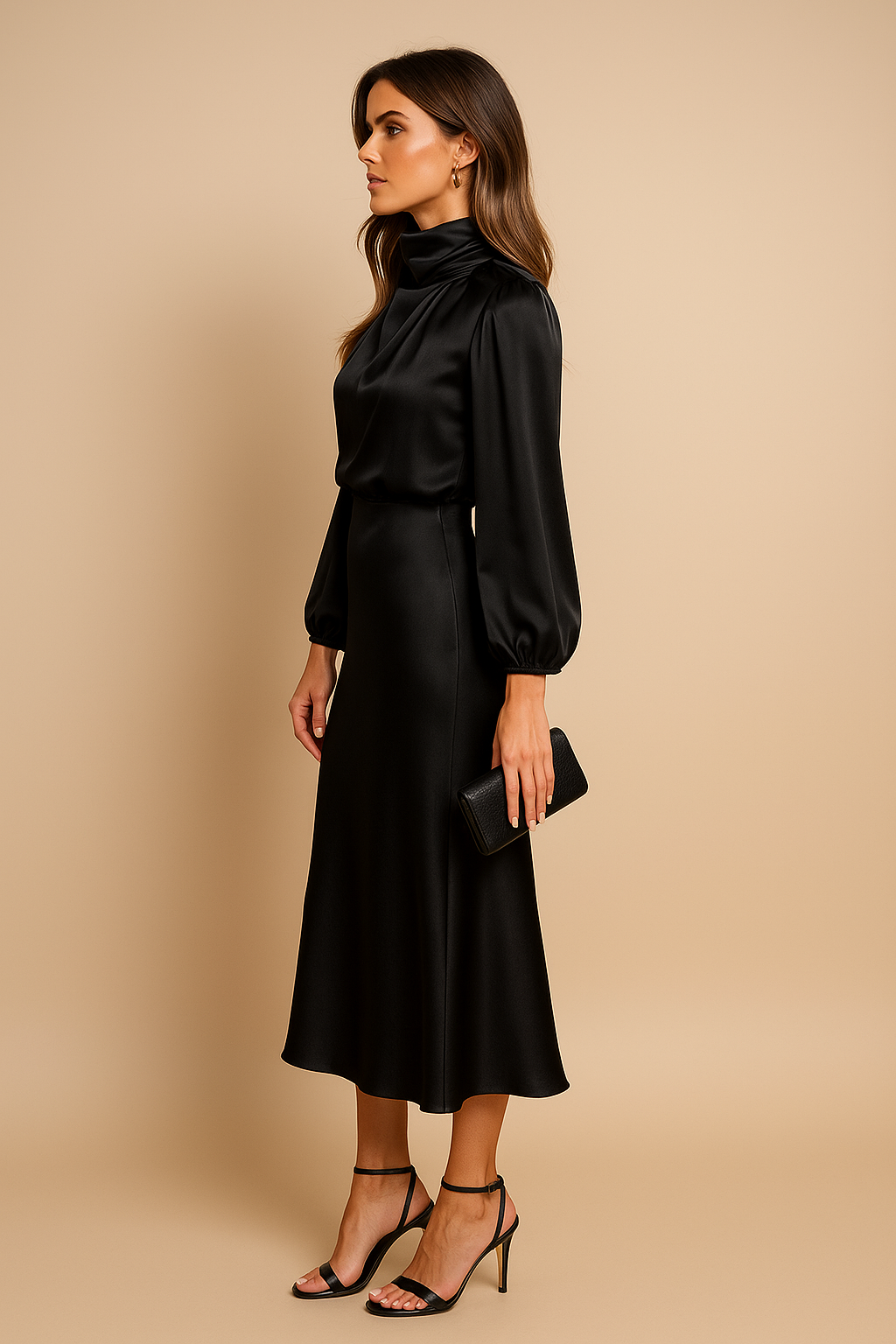 Damen Midikleid Hochhalter Ausschnitt