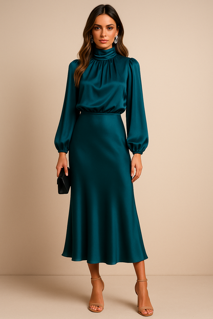 Damen Langarm High-Neck Midikleid