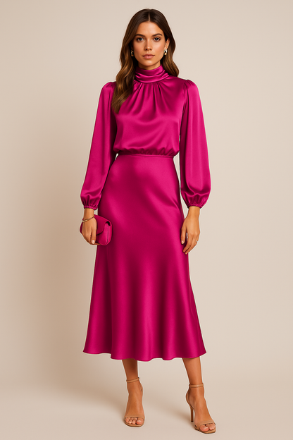 Damen Langarm High-Neck Midikleid