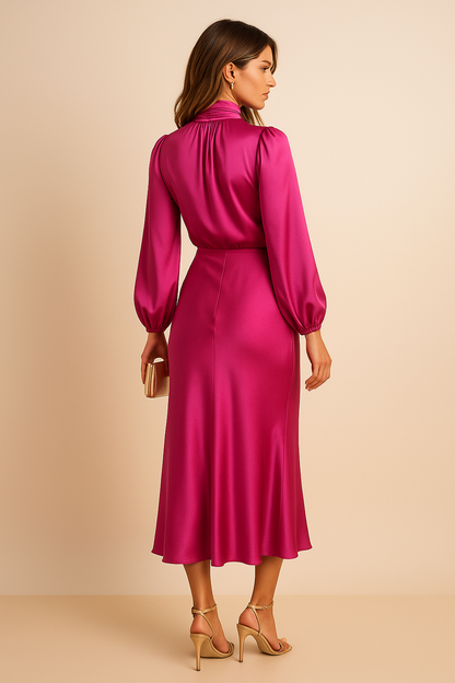 Damen Langarm High-Neck Midikleid