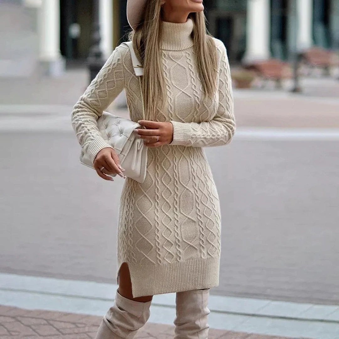 Damen Strickkleid Rollkragen Zopfmuster Beige