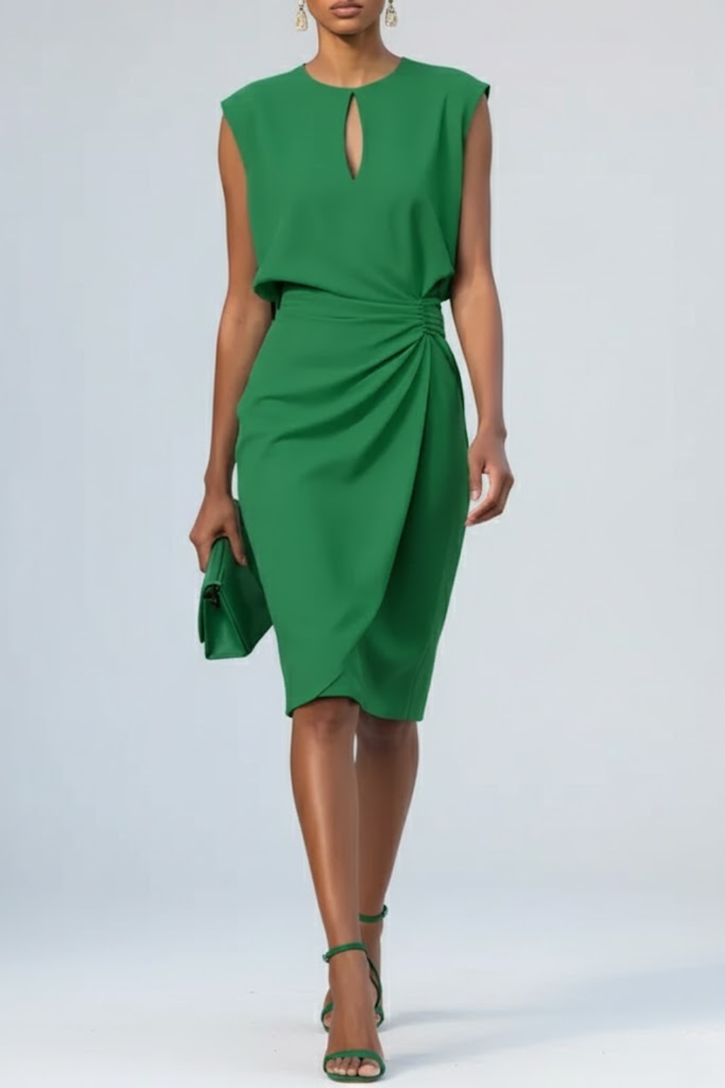 Damen Midi-Kleid mit Schlüssellochausschnitt und Raffung
