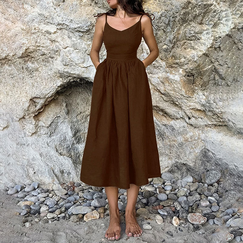 Damen Midikleid V-Ausschnitt Rückenausschnitt Schlitz