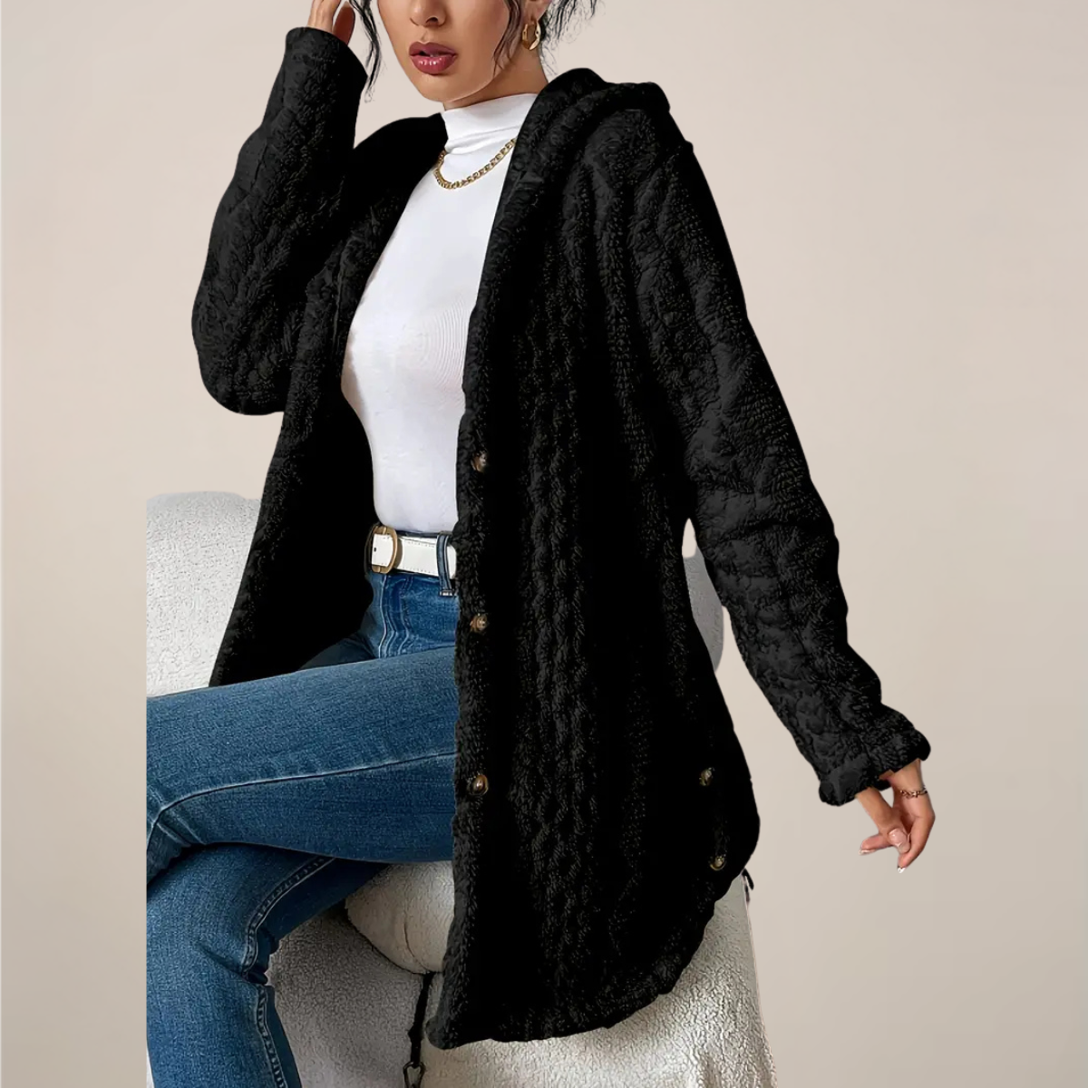 Damen Kapuzenjacke Lang Mit Strukturierter Optik