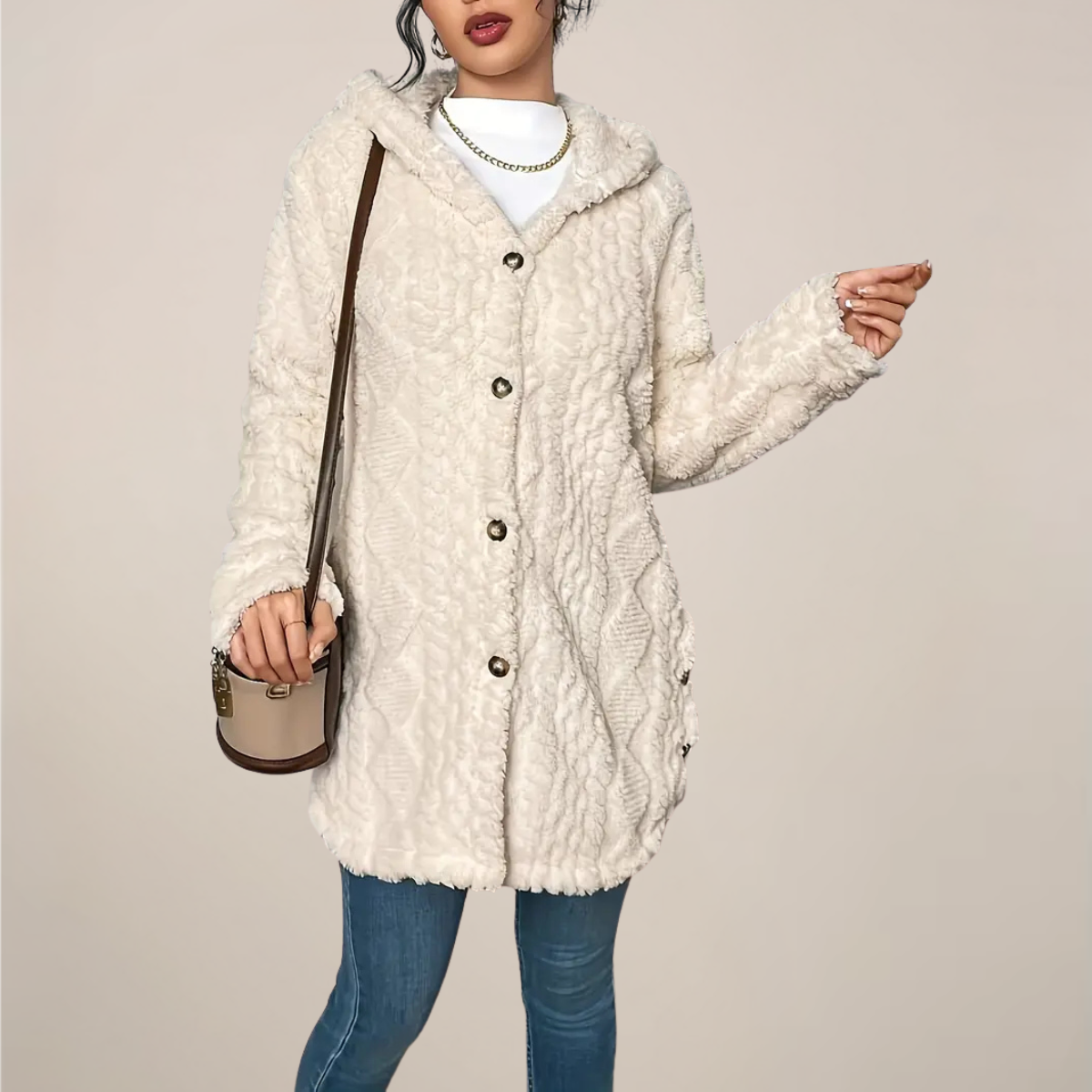Damen Kapuzenjacke Lang Mit Strukturierter Optik