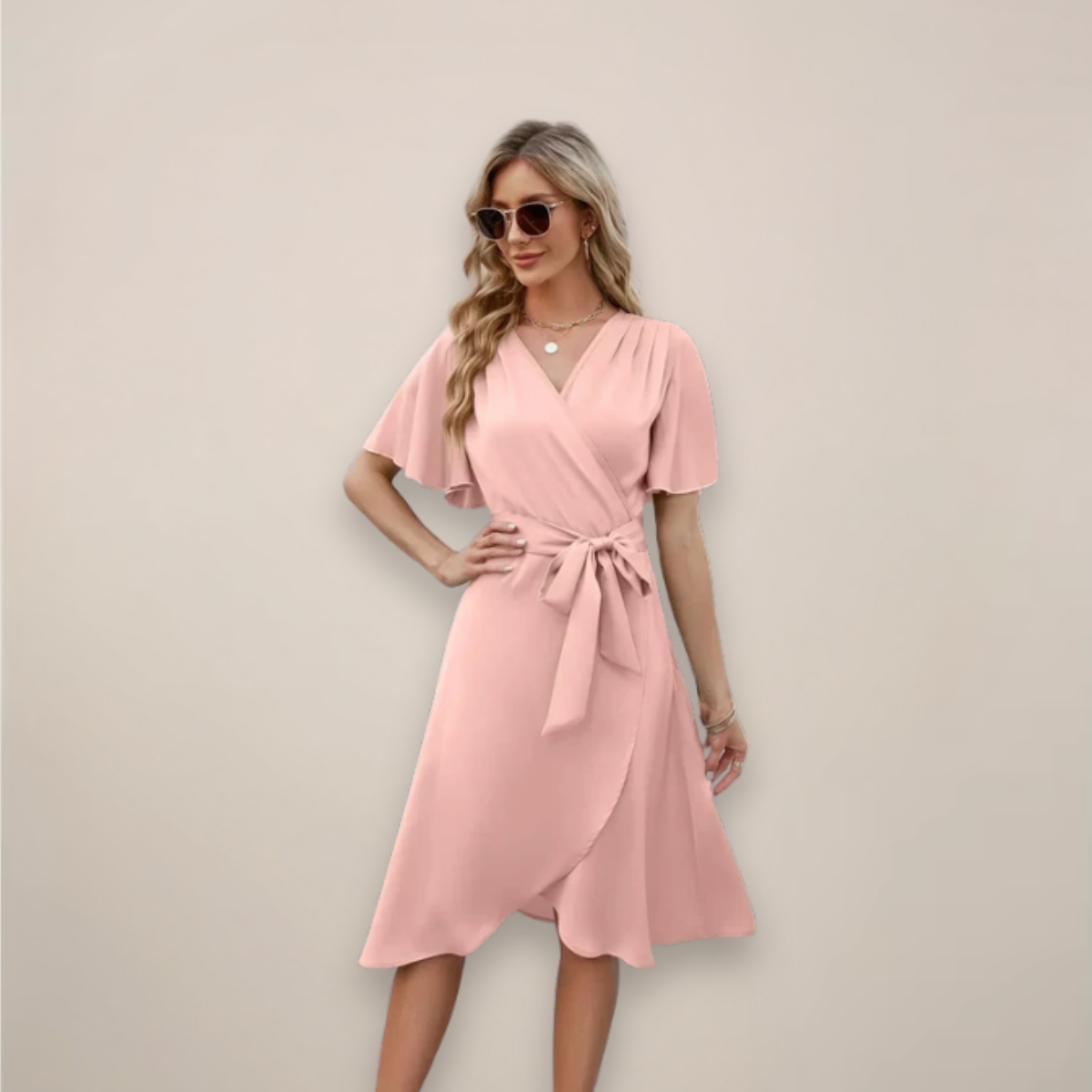 Damen Midi-Kleid Wickelkleid mit Vorderknoten