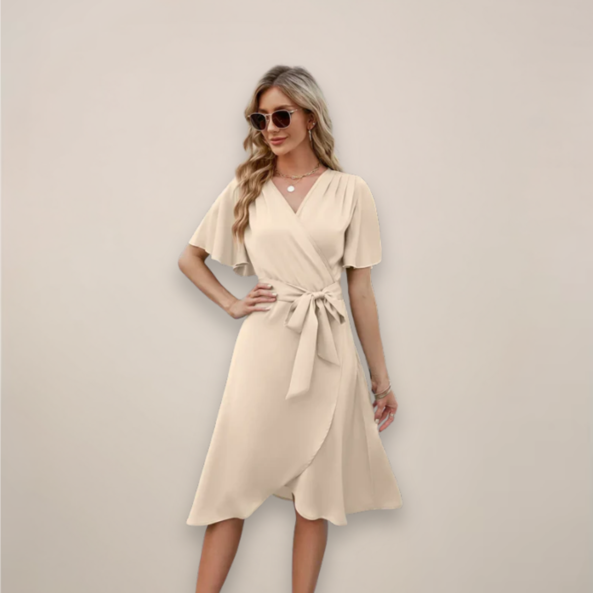 Damen Midi-Kleid Wickelkleid mit Vorderknoten