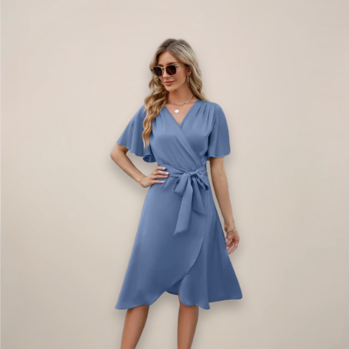 Damen Midi-Kleid Wickelkleid mit Vorderknoten - Eveloria
