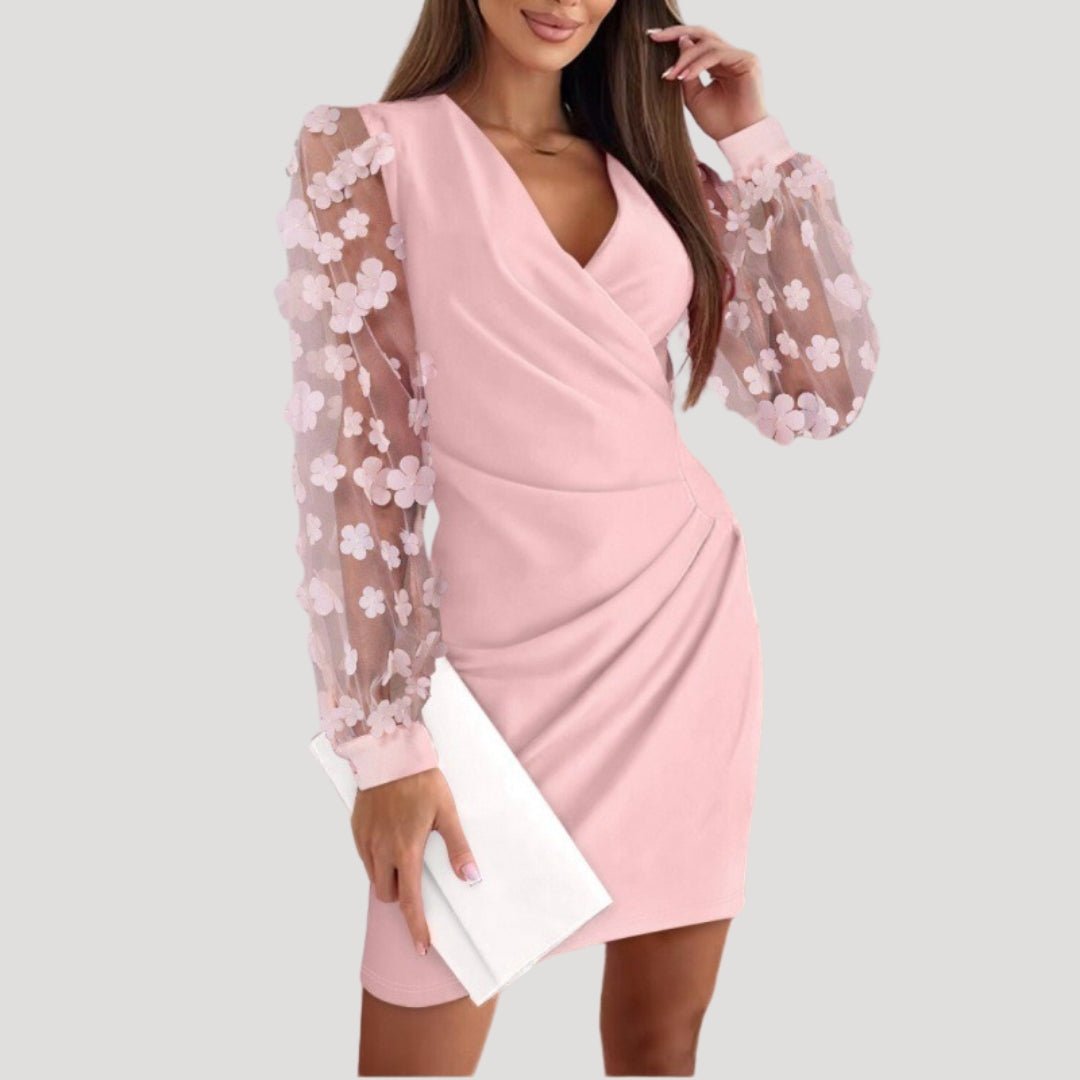 Damen Mini Wickelkleid Transparente Ärmel V-Ausschnitt