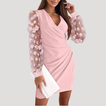 Damen Mini Wickelkleid Transparente Ärmel V-Ausschnitt