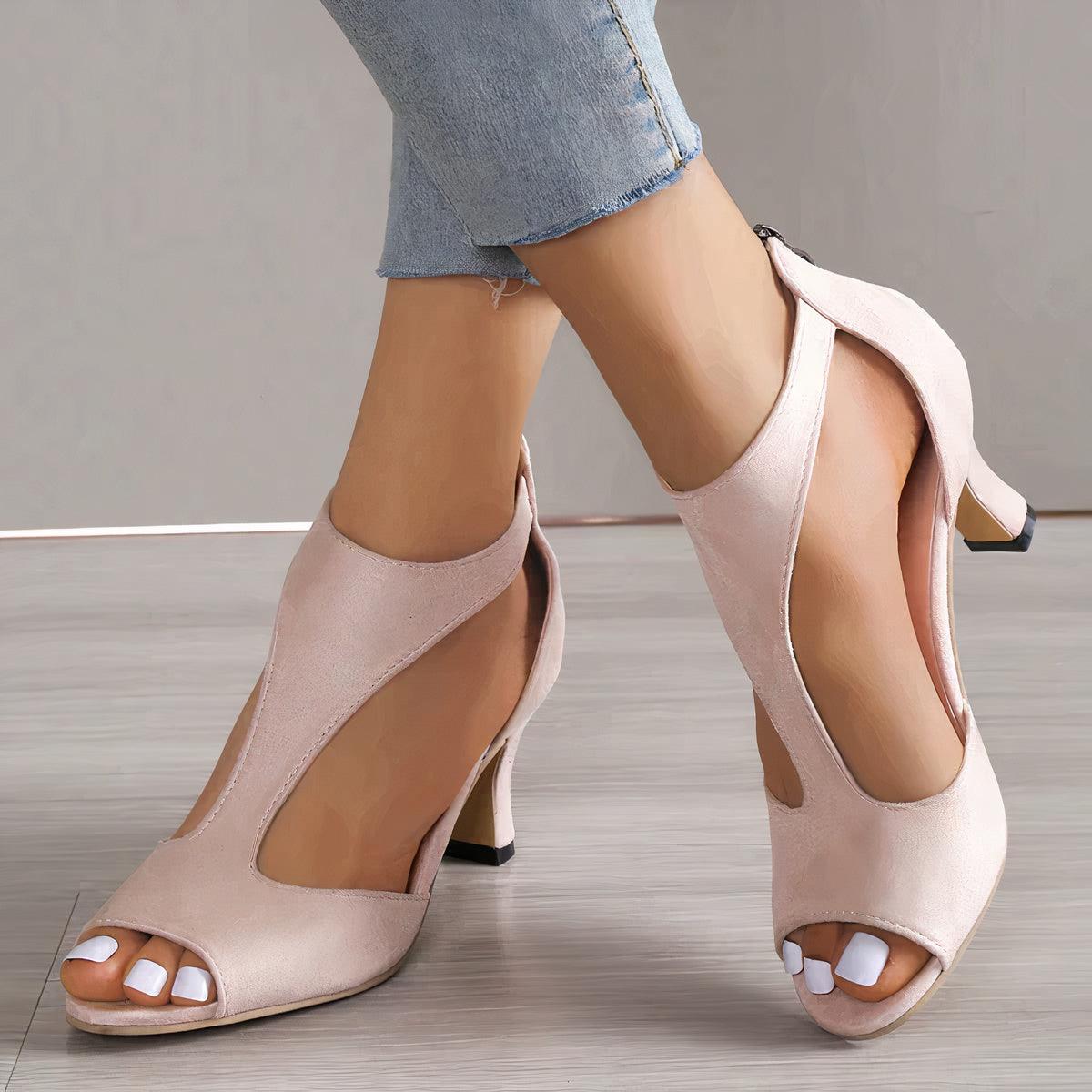 Damen High Heels Offener Zehenbereich Reißverschluss Schwarz - Eveloria