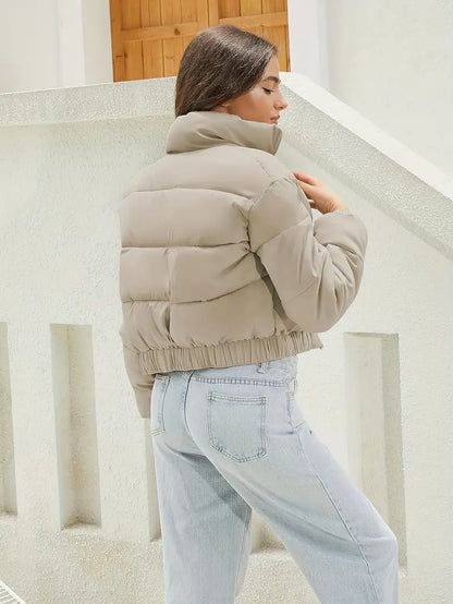 Damen Cropped Pufferjacke Beige mit Reißverschluss