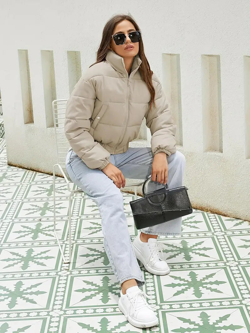Damen Cropped Pufferjacke Beige mit Reißverschluss