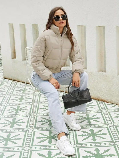 Damen Cropped Pufferjacke Beige mit Reißverschluss