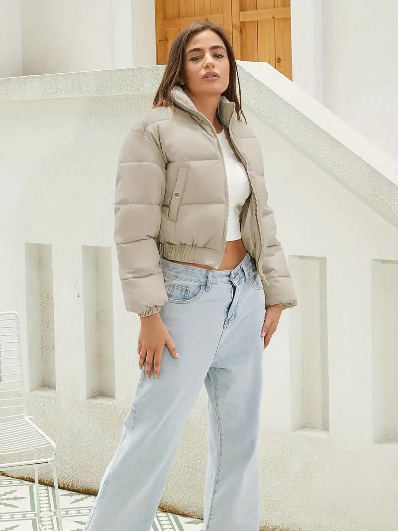 Damen Cropped Pufferjacke Beige mit Reißverschluss