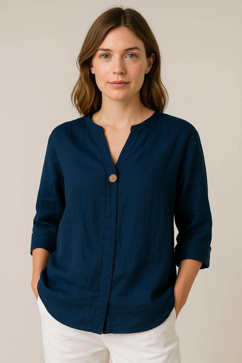 Damen Bluse V-Ausschnitt Knopfdetails Locker Sitzend