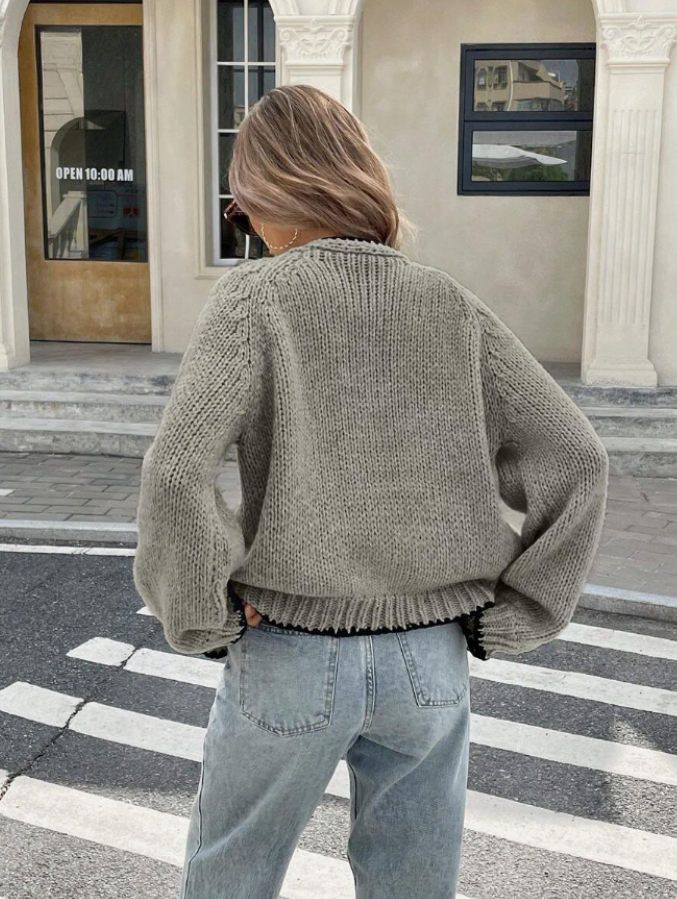 Damen Kurze Strickjacke Tie-Front Cardigan Kontrastbesatz