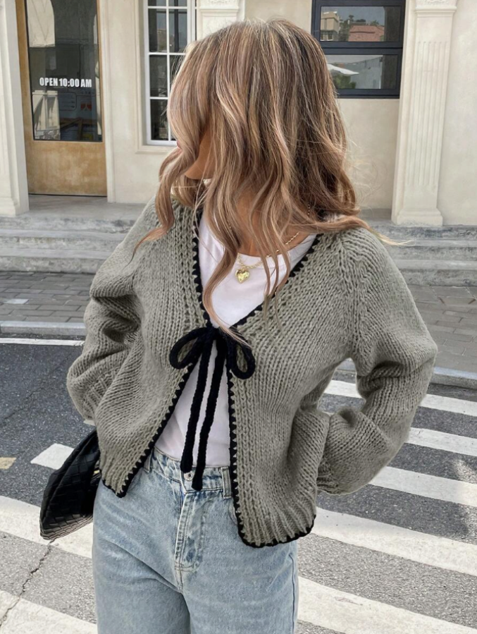 Damen Kurze Strickjacke Tie-Front Cardigan Kontrastbesatz