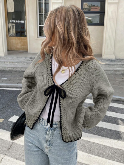 Damen Kurze Strickjacke Tie-Front Cardigan Kontrastbesatz