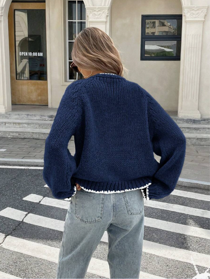 Damen Kurze Strickjacke Tie-Front Cardigan Kontrastbesatz