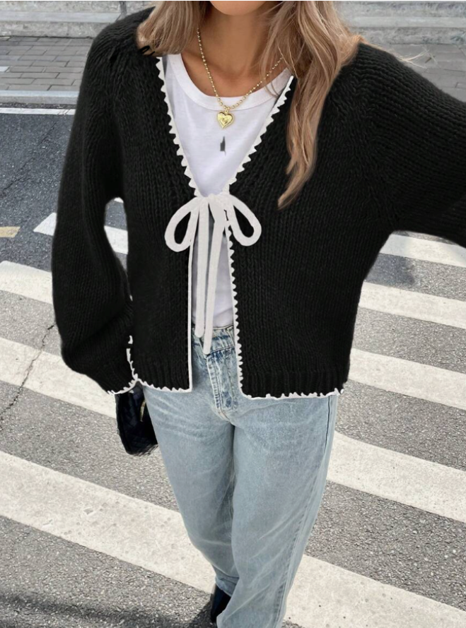 Damen Kurze Strickjacke Tie-Front Cardigan Kontrastbesatz