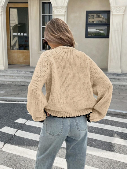 Damen Kurze Strickjacke Tie-Front Cardigan Kontrastbesatz