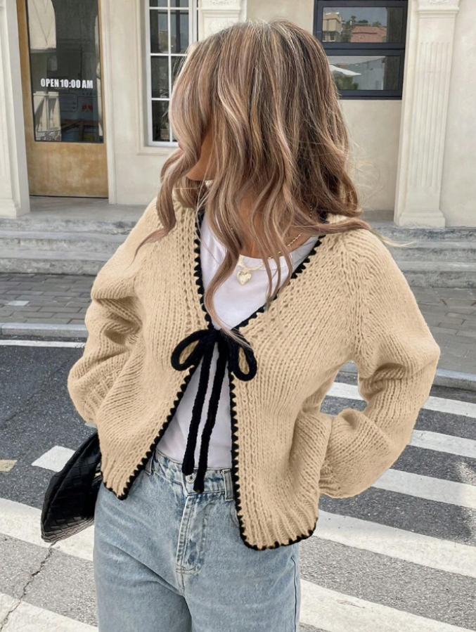Damen Kurze Strickjacke Tie-Front Cardigan Kontrastbesatz