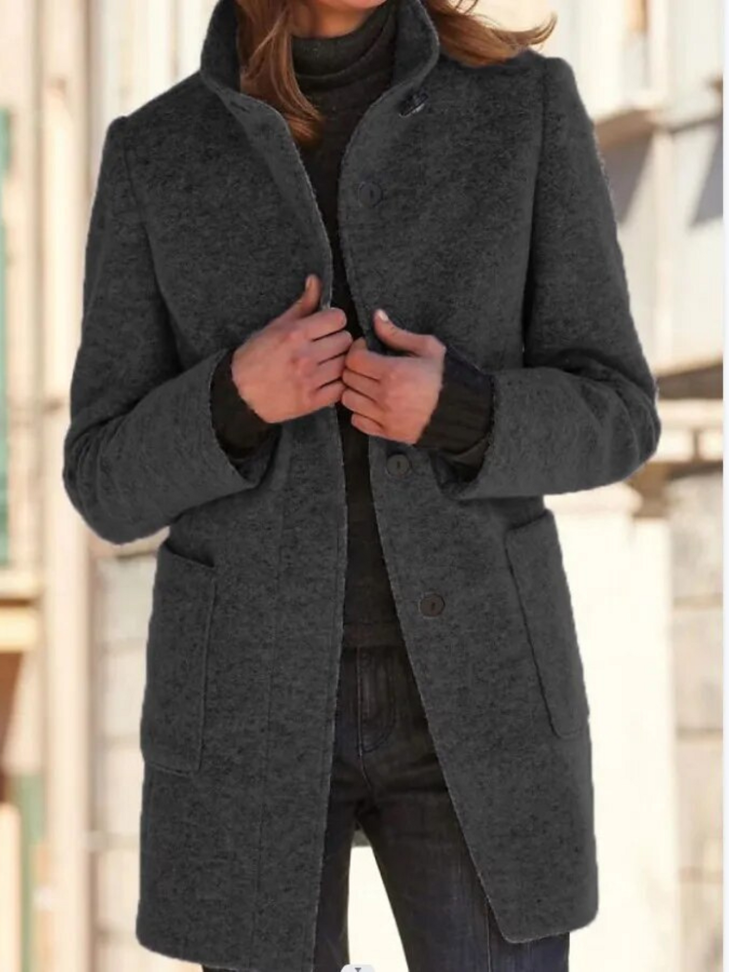 Damen Wollmantel Eleganter Schnitt Knopfverschluss