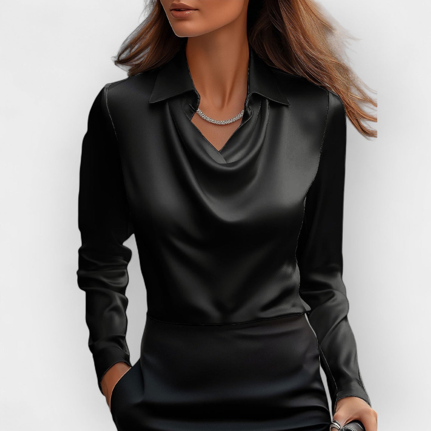 Damen Satinbluse Wasserfallkragen Langarm Eleganz