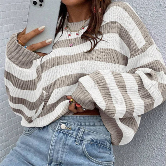 Damen Herbstgestreifte Pullover Perfekter Schnitt - Eveloria