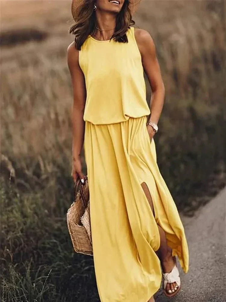 Eveloria Damen Maxikleid Weiß Baumwolle Entspannt