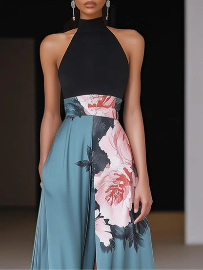 Damen Ärmelloses A-Linie Maxikleid Florales Rundhals