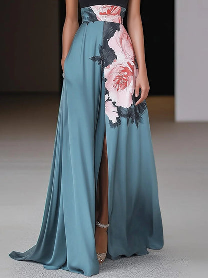 Damen Ärmelloses A-Linie Maxikleid Florales Rundhals
