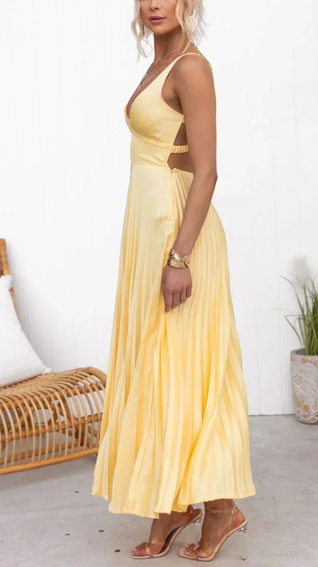 Damen Maxi-Kleid V-Ausschnitt Falten
