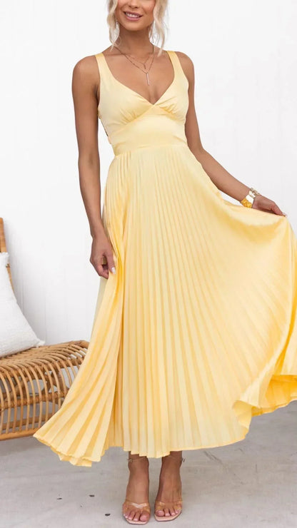 Damen Maxi-Kleid V-Ausschnitt Falten Schwarz - Eveloria